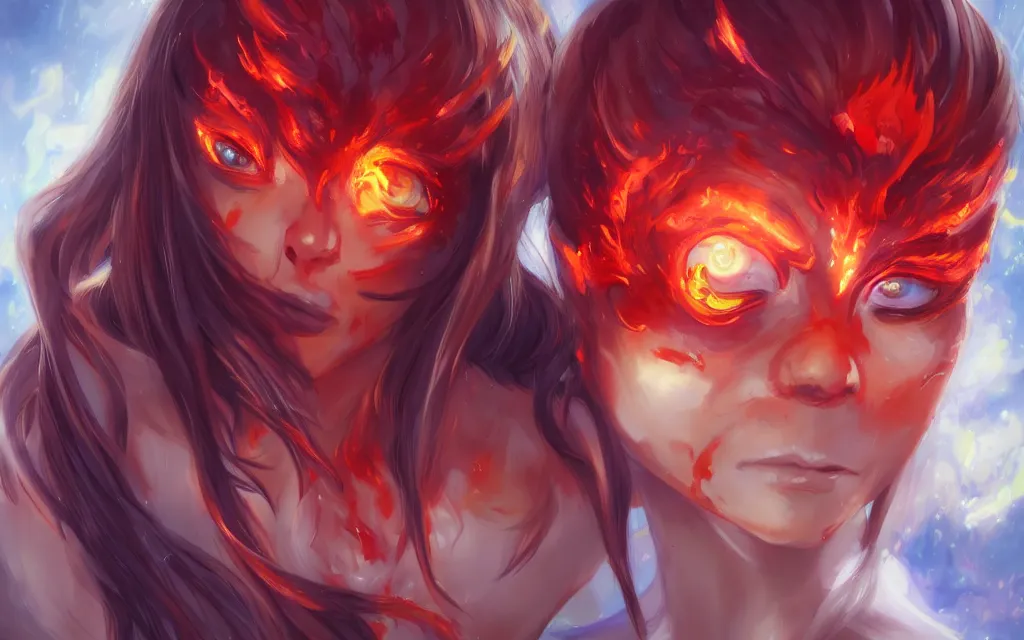 Image similar to A realistic anime portrait of a beautiful fire spirit twins with glowing red eyes and firey skin wearing clothes made of flames, digital painting, by Stanley Artgerm Lau, Sakimichan, WLOP and Rossdraws, digtial painting, trending on ArtStation, SFW version