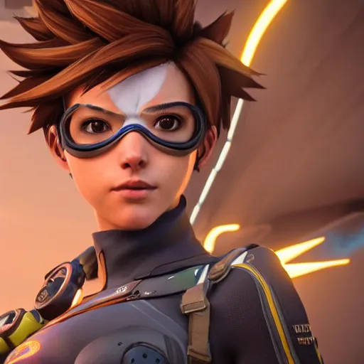 Image similar to realistic still of tracer, amazing details 8 k beautiful