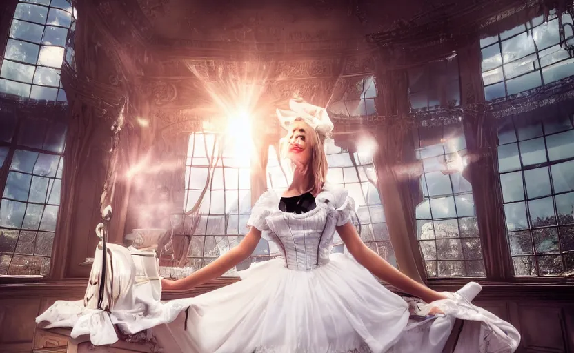 Image similar to a french maid, cinematic, 3 6 0 panorama, lens flare, 4 k, 8 k, 1 6 k, 3 2 k, ultra - hd, super - resolution, megapixel, natural lighting, sunlight, cinematic lighting, studio lighting, volumetric, full body photoshoot