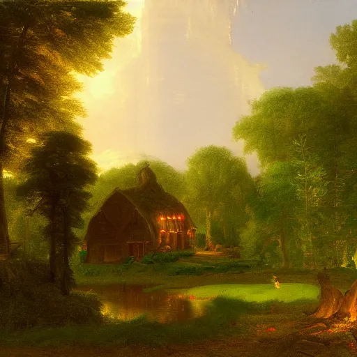 Image similar to an oil painting of a gingerbread house in the forest, by thomas cole, ivan shiskin, and james gurney