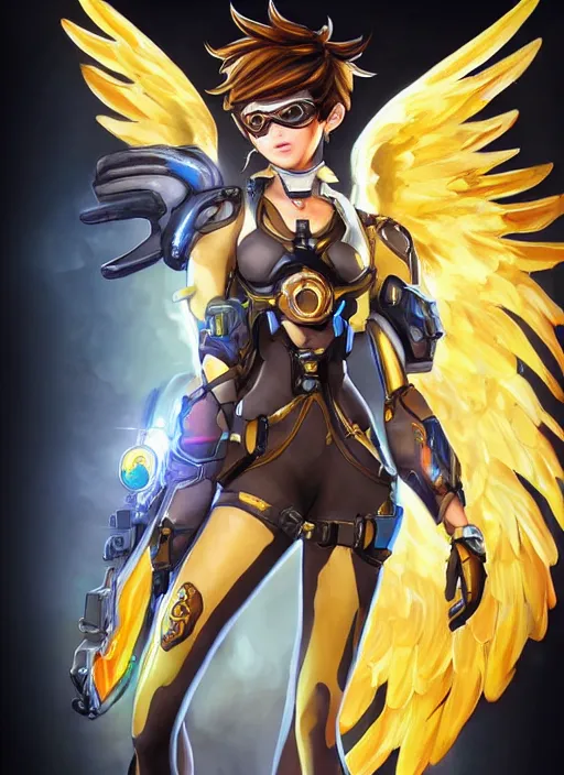 Prompt: full body oil painting of tracer overwatch in the style of mark brooks, angel wings, dramatic painting, symmetrical composition, wearing detailed ornate golden suit, high detail, gold detailed choker, angelic, lights, flowers, heavenly, bright, detailed face,