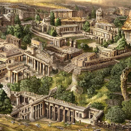 Image similar to sprawling roman city built in the roots of a collosal tree, wide shot, digital art, detailed, fantasy