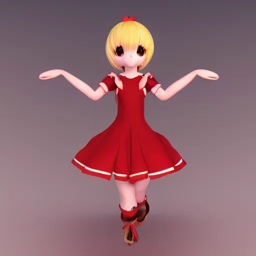 Prompt: cute fumo plush of a girl dancing in a red and gold dress, high quality material bssrdf, vray, anime girl