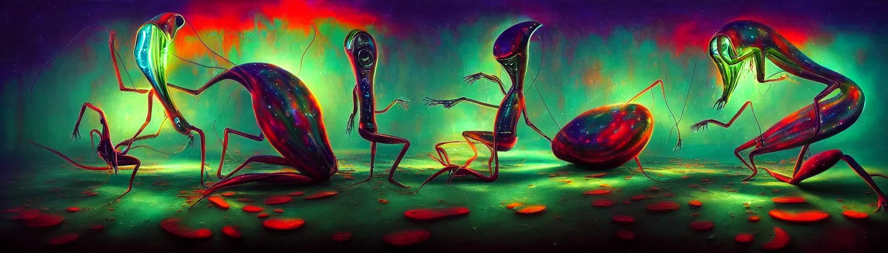 Image similar to strange alien plankton creatures from the depths of the collective unconscious, dramatic lighting, surreal darkly colorful painting by ronny khalil