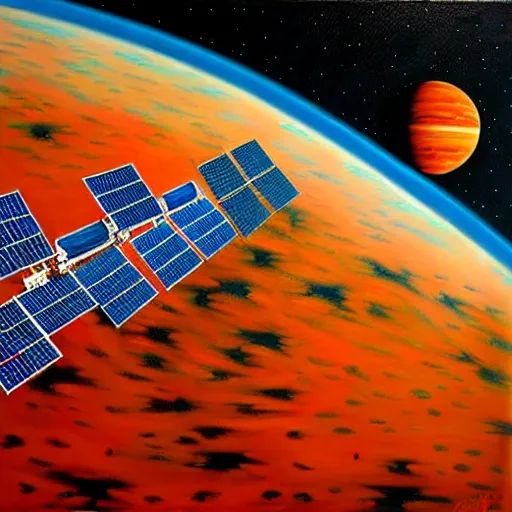 Prompt: a space station orbiting a red planet, acrylic painting by chris moore.