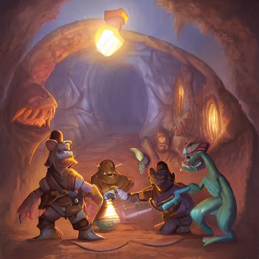 Prompt: D&D, a group of kobolds digging in a tunnel by torchlight, artwork by Artgerm, Don Bluth