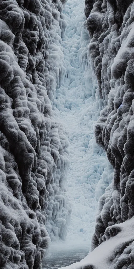 Image similar to dream looking through a hyper realistic photograph of a frozen icy canyon, minimal structure, misty, raining, meditative, timed exposure, icelandic valley, river, in the style of reuben wu, roger deakins