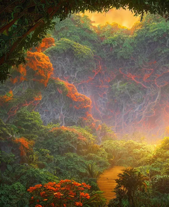 Image similar to simplicity, an simple structure made out of exotic fungus, overgrown with lush floral jungle, partly cloudy, hellscape, hell, fire, brimstone, lava, by dan mumford, yusuke murata, makoto shinkai, ross tran, cinematic, unreal engine, cel shaded, featured on artstation, pixiv