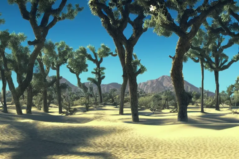 Image similar to desert oasis in a translucent casing electronic environment, ps 4 screenshot, still from a kiyoshi kurosawa movie, sanriocore, full sun lighting, caustic lighting