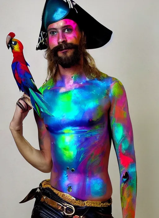 Image similar to a swashbuckling pirate! wearing iridescent body paint, posing with an iridescent parrot, fashion photo 2 0 2 2