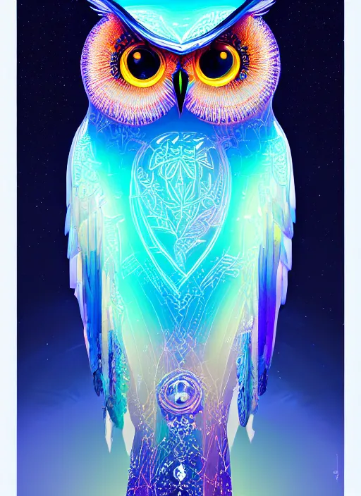 Image similar to symmetry!! product render poster vivid colors divine proportion owl, ice and snow, glowing fog intricate, elegant, highly detailed, digital painting, artstation, concept art, smooth, sharp focus, illustration,