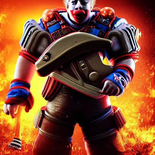 Prompt: portrait of donald trump as a clown, laughing and holding a chainsaw in gears of war, splash art, movie still, cinematic lighting, ray tracing, octane render, long lens, shallow depth of field, bokeh, anamorphic lens flare, 8 k, hyper detailed, 3 5 mm film grain