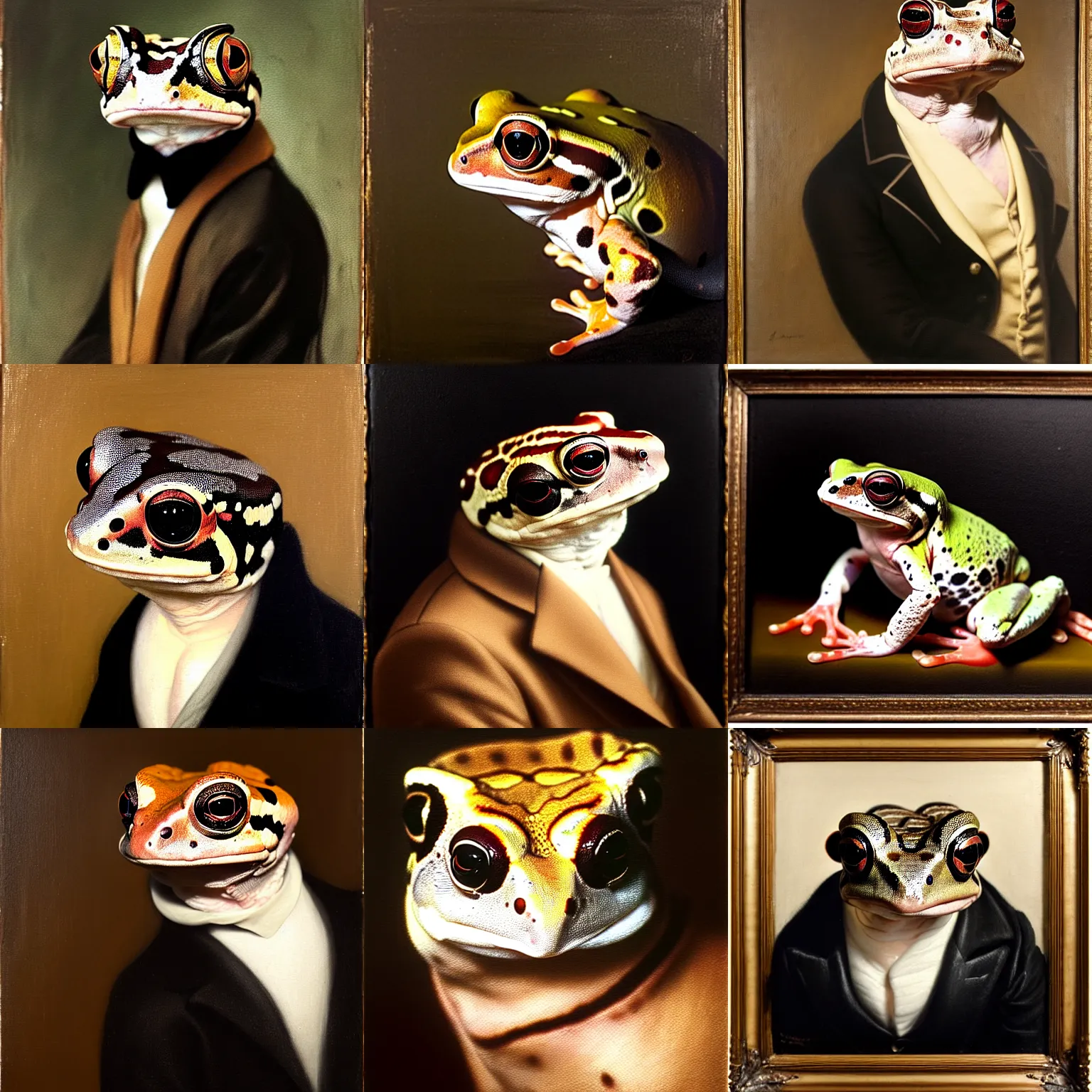 Prompt: a head - and - shoulders portrait of an amazon milk frog looking off camera wearing a black jacket with a tan vest and white ascot, an american romanticism painting, a portrait painting, cgsociety, soft focus, oil on canvas