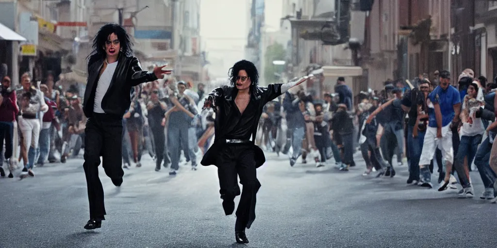 Prompt: leaked photo of Michael Jackson running down street by himself, alone, big crowd, ultra realistic, 4K, movie still, UHD, sharp, detailed, cinematic, render, modern