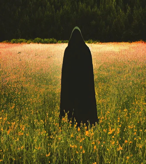 Prompt: tall hooded shadow person figure standing in beautiful meadow of flowers, film photo, grainy, high detail, high resolution