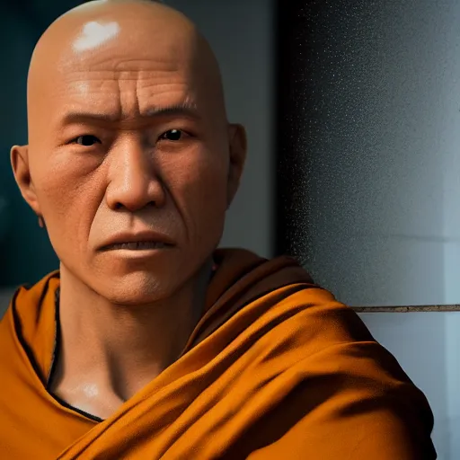 Prompt: a monk looking at broken shards of mirror with his refection in, raytraced, unreal 5 ultra high detail,