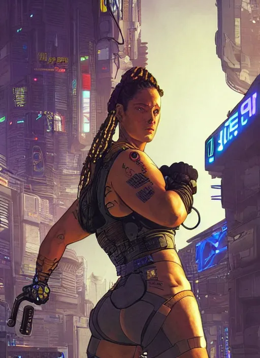 Image similar to maria. apex legends cyberpunk weight lifter. concept art by james gurney and mœbius. gorgeous face, cinematic, dramatic lighting ( cyberpunk 2 0 7 7 ), clean aesthetic