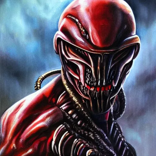 Image similar to a beautiful portrait painting of predator movie alien wearing a samurai. high renaissance.