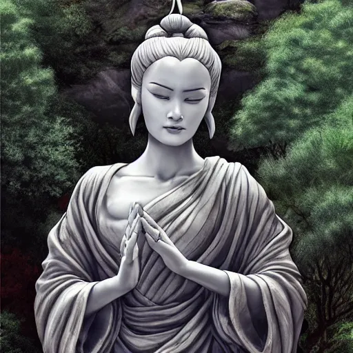 Image similar to marble statue of azula meditating in a rococo japanese garden, accurate details, detailed full body, dramatic, intricate, elegant, highly detailed, digital painting, artstation, concept art, sharp focus, illustration, art by gustave dore