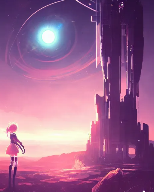 Prompt: ultra detailed anime girl, beautiful landscape, nier automata, machine planet, alien, glass obelisks, ufo in the sky, colorful light, advanced technology, cinematic lighting, sharp focus, artstation, intricate, masterpiece, art by bastien grivet and darwin cellis and jan urschel