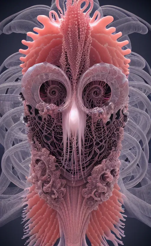 Image similar to intricate gothic girl mask, eagle coral, jelly fish, feathers, mandelbulb 3 d, fractal flame, octane render, cyborg, biomechanical, futuristic, by ernst haeckel