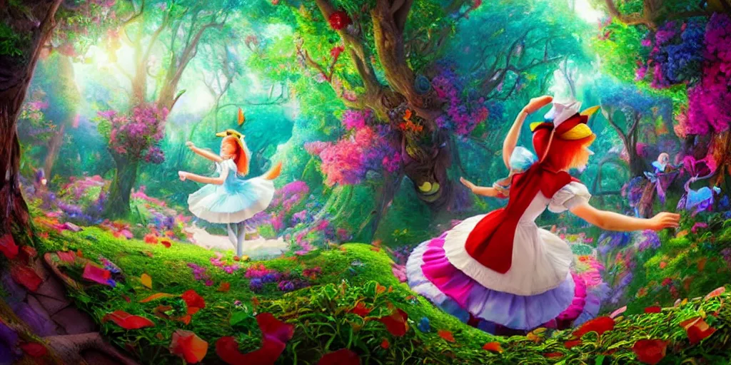 Image similar to Alice falling down the rabbit hole, alice in wonderland, colorful, wide angle, super highly detailed, professional digital painting, artstation, concept art, smooth, sharp focus, no blur, no dof, extreme illustration, Unreal Engine 5, Photorealism, HD quality, 8k resolution, cinema 4d, 3D, beautiful, cinematic, art by artgerm and greg rutkowski and alphonse mucha and loish and WLOP