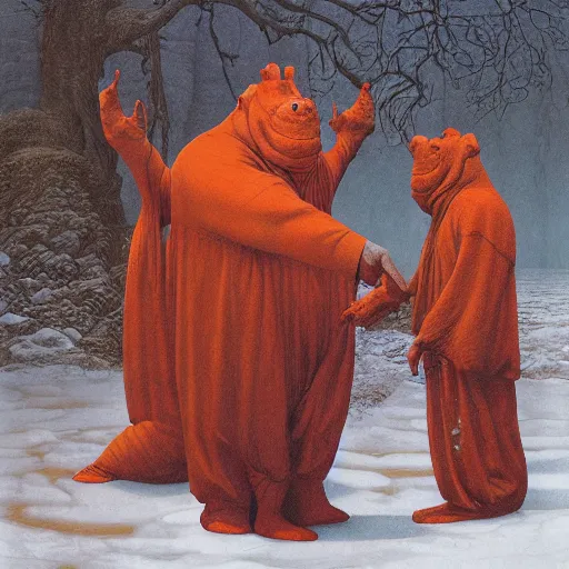 Prompt: anthropomorphic hippopotamus humanoid in orange robes by wayne barlowe, water temple, winter, fantasy