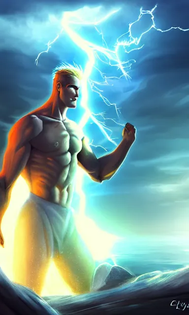 Prompt: epic scene of zeus, lightning, portrait, sharp focus, fantasy, digital art, concept art, dynamic lighting, epic composition, by emylie boivin, rossdraws