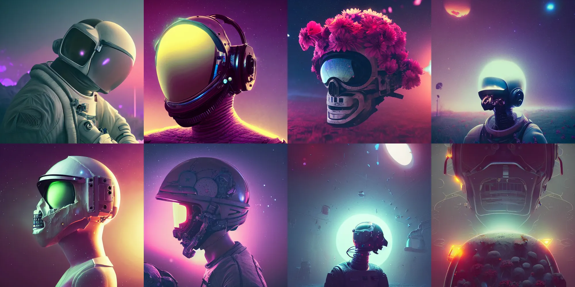 Image similar to beautiful dark landscape, astronaut cracked helmet skull head, beautiful flowers growing, in the style of beeple and mike winkelmann, intricate, epic lighting, cinematic composition, hyper realistic, 8 k resolution, unreal engine 5, raytracing, ultraviolet colors,