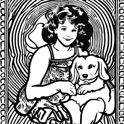 Image similar to clean simple line art of a little girl with wavy curly hair sitting next to a cute puppy. white background. well composed, clean black and white line drawing, beautiful detailed face. illustration by steve ditko and jack kirby and alphonse mucha