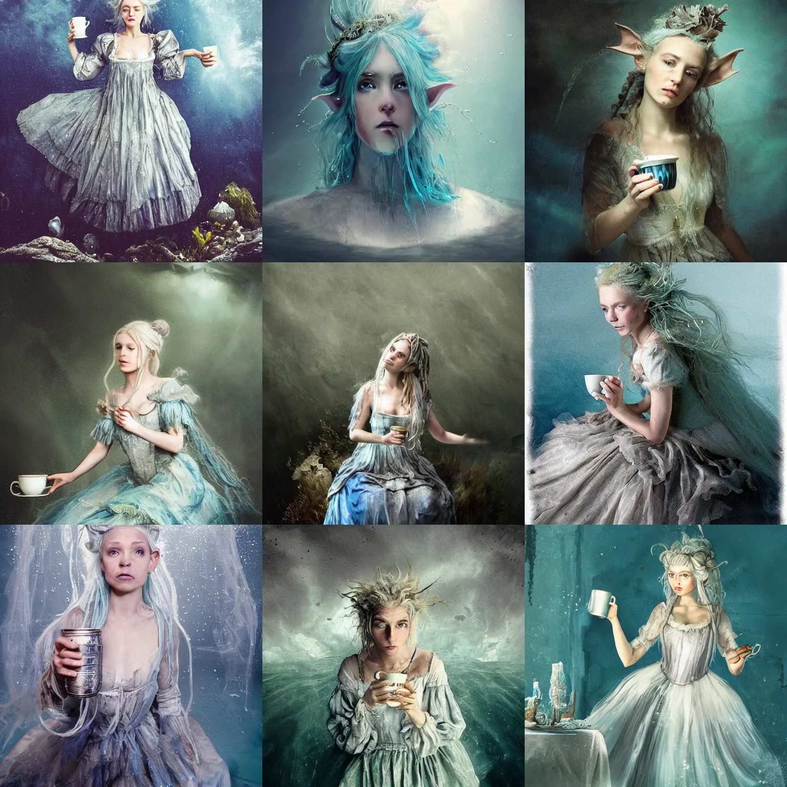 Prompt: A 18th century, messy, silver haired, (((mad))) elf princess, dressed in a ((ragged)), wedding dress, is ((drinking a cup of tea)). Everything is underwater and floating. Greenish blue tones, theatrical, (((underwater lights))), fantasyconcept art, inspired by John Singer Sargent's Lady Macbeth