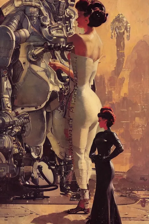 Image similar to minoton standing beside elegant lady wearing a latex spacesuit, by norman rockwell, jack kirby, jon berkey, earle bergey, craig mullins, ruan jia, jeremy mann, tom lovell, marvel, astounding stories, 5 0 s pulp illustration, scifi, fantasy, artstation creature concept, sinbad movie, harryhausen