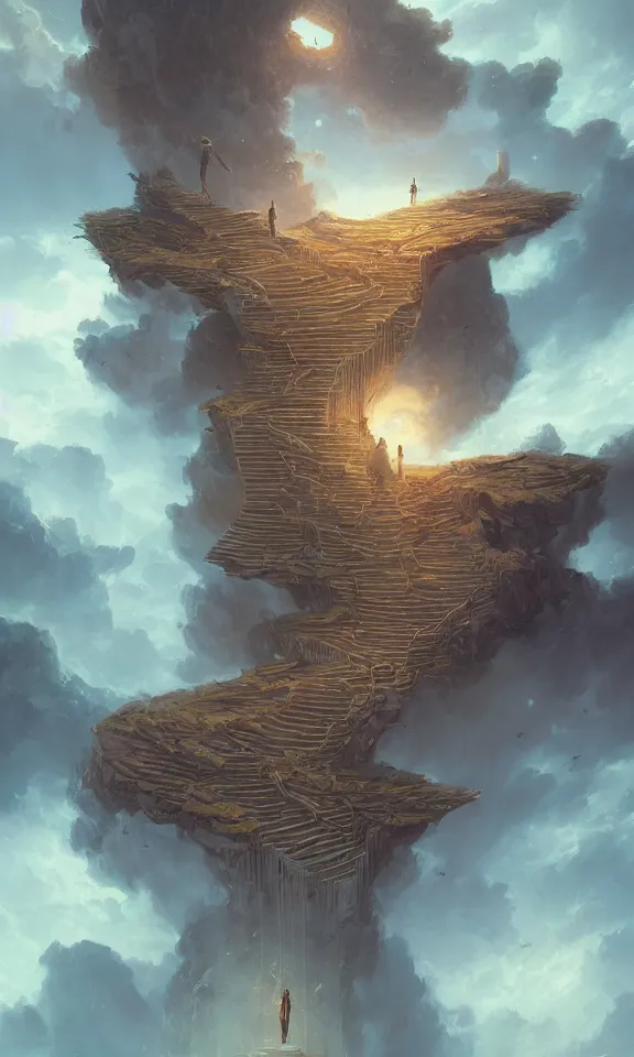 Image similar to endless book stairway to universe, sky full of clouds, art by greg rutkowski and peter mohrbacher, featured in artstation, octane render, cinematic, elegant, intricate, ultra detailed, rule of thirds, professional lighting, unreal engine, fantasy, concept art, sharp focus, illustration, 8 k