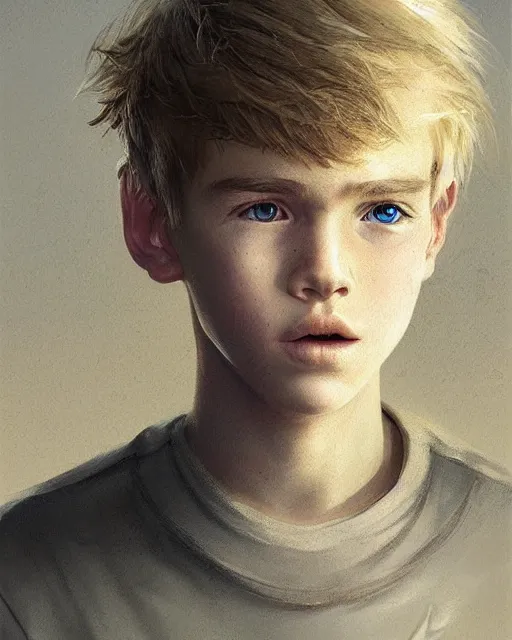 Image similar to portrait of 1 5 - year - old boy with blonde hair, round - face, and slightly buck - toothed, hyper realistic face, beautiful eyes, fantasy art, in the style of greg rutkowski, intricate, hyper detailed, smooth