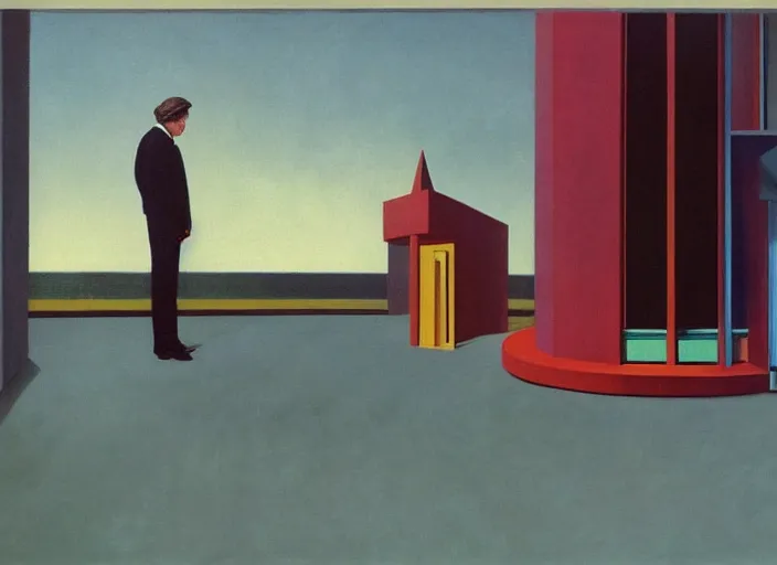 Prompt: two peculiar people with distinct personalities interacting in am urban setting, close - up of the faces : : surreal 7 0's architecture with an open ceiling, absurd designfurniture : : surrealist oil painting by edward hopper, francis bacon, dora maar and rene magritte