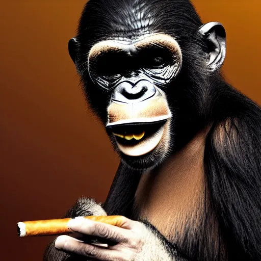 Image similar to a high detail photo of donald trump smoking a cigarrette, subject= chimp, subject detail: extremly detailed, subject action: smoking a cigar, photorealism, dramatic lighting, award winning photograph, trending on artstation