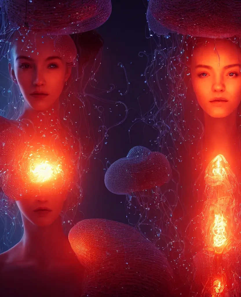 Image similar to close-up portrait of a face of beautiful princess floating in ethereum surrounded by floating jellyfish, energy flows of fire and water, flashes of plasma, 3d with depth of field, blurred background, a highly detailed epic cinematic concept art CG render. made in Maya, Blender and Photoshop, octane render, excellent composition, cinematic dystopian brutalist atmosphere, dynamic dramatic cinematic lighting, aesthetic, very inspirational, arthouse. y Greg Rutkowski, Ilya Kuvshinov, WLOP, Stanley Artgerm Lau, Ruan Jia and Fenghua Zhong