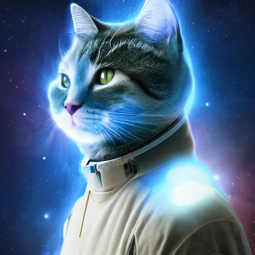 Image similar to all knowing galaxy cat god of the celestial cosmos, trending on artstation, nasa photos, 4 k, hyper realism, high detail, cinematic, cinematic lighting, epic, realistic, fantasy