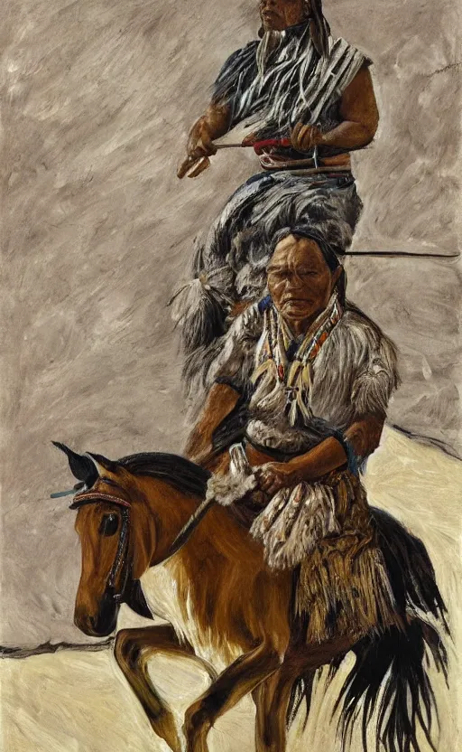 Image similar to full body shot picture of indigenous people leader riding a horse, painted by lucian freud, hd, super detailed, realistic, muted colors