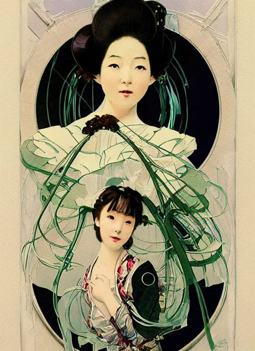 Prompt: a copic maker art nouveau portrait of a japanese girl detailed features wearing a futuristic weeding puffy dress designed by balenciaga by john berkey, norman rockwell akihiko yoshida