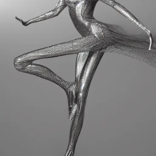 Image similar to a highly detailed ethereal full body, digital image of a elegantly posed dancing futuristic woman beautifully intertwined in realistic chrome foliage dress liquid like water, full body shot, by Andrew Chiampo, artstation, and Frederik Heyman, extremely detailed woman, stunning volumetric lighting, hyper realism, fantasy, intricate detail, 4k,