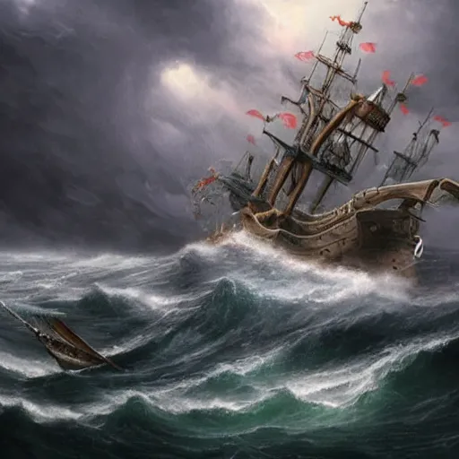 Image similar to a highly detailed hyperrealistic scene of a ship being attacked by giant squid tentacles, jellyfish, squid attack, dark, voluminous clouds, thunder, stormy seas, pirate ship, dark, high contrast, giant sea monster attacking from the clouds