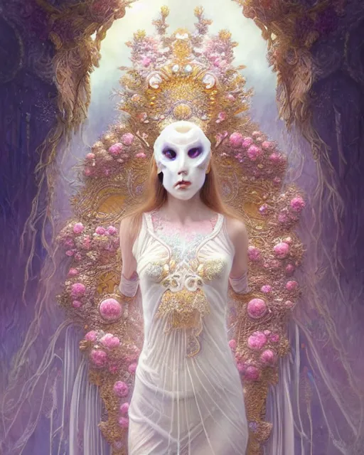 Image similar to beautiful ethereal maiden in a ivory masquerade mask intricate ornate fractal-lace and gemstones, wearing stunning ivory dress, pastel color palette, full view, soft lighting, vivid, Hyperdetailed, 4k hd matte painting by Artgerm, Greg Rutkowski, Klimt, James Jean, 8k resolution, enchanting and otherworldly, Artstation, rendered in octane, Hyperdetailed, front view