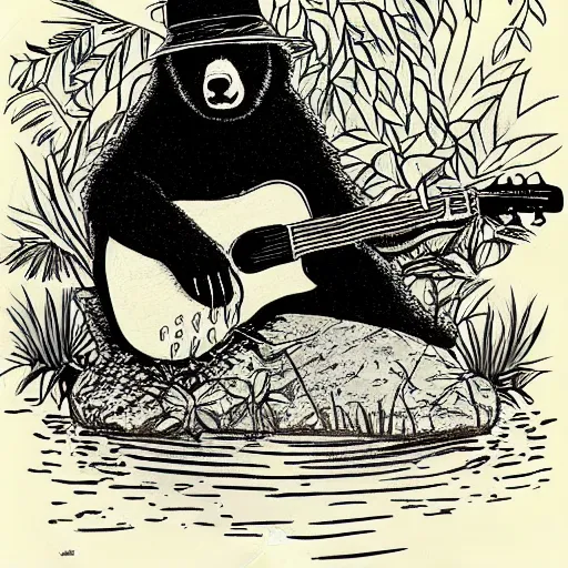 Image similar to a bear wearing a black hat, sitting in a pond in a lush jungle playing a guitar, drawing by moebius