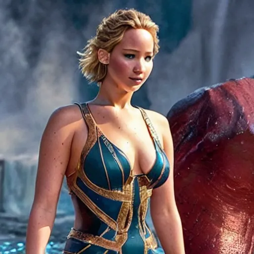 Image similar to still of Jennifer Lawrence as Namor in new Marvel Movie (2029)