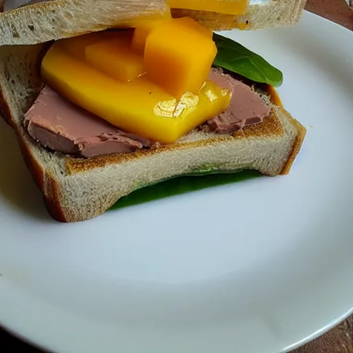 Image similar to sandwich with foie gras and honey and mango, bad, grainy and blurry amateur photo