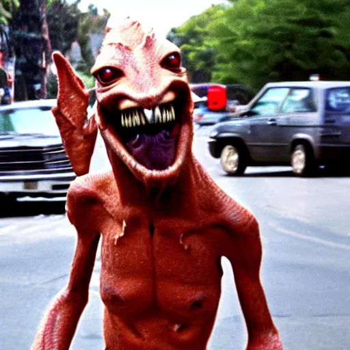 Prompt: Jar Jar Binks high on bath salts chasing down a car on the street