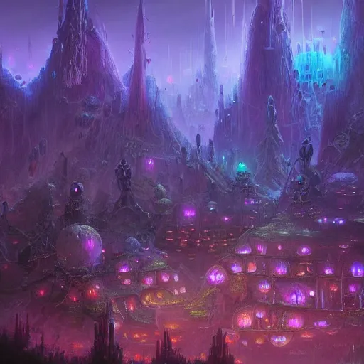 Image similar to concept art detailed painting of a dark purple fantasy fairytale fungal town made of mushrooms, with glowing blue lights, in the style of jordan grimmer and neil blevins and wayne barlowe