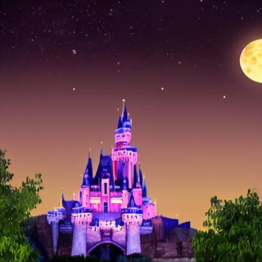 Image similar to realistic photo : a glowing sleeping beauty castle on a countryside at night under the stars, a full moon, and clouds