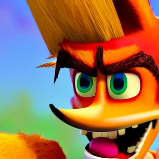 Prompt: Crash Bandicoot taking a selfie, close up, hyperrealistic